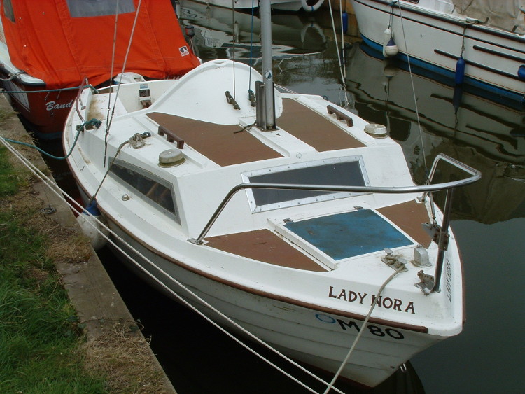 A Modern SeaHawk with unusal forestay, moored at the Pleasure Boat