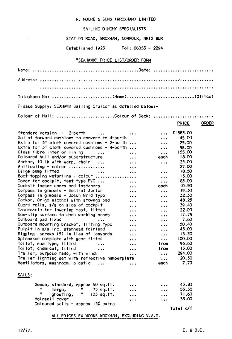 The 1977 SeaHawk Price List