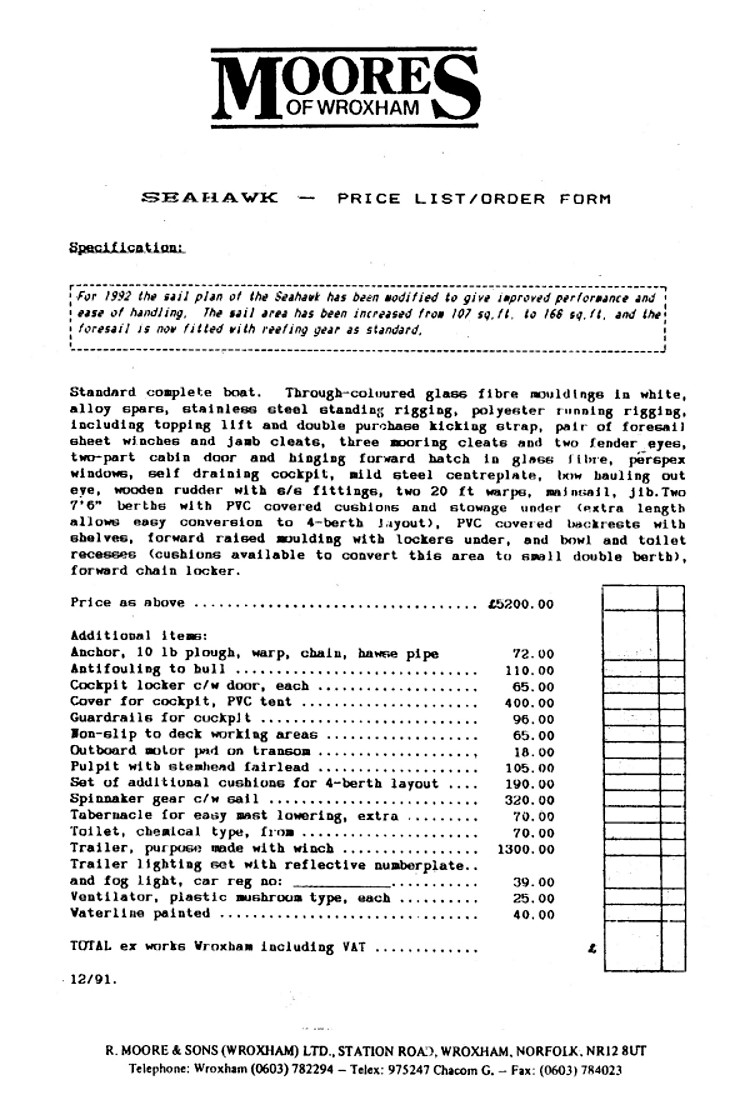 The 1991 SeaHawk Price List