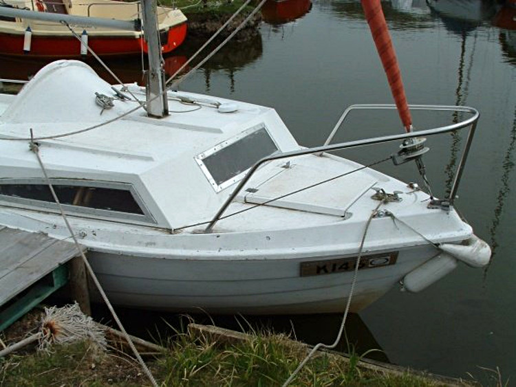 Seen from the bows, a 'home-built' seahawk moored at the Pleasure Boat